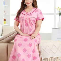 TRUNDZ Women Pure Cotton Floral Printed Round Neck Short Sleeves Maxi Nightdress-image-42