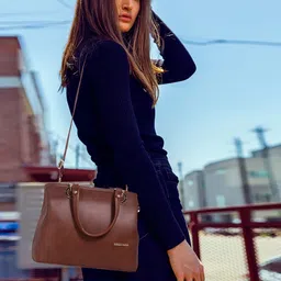 WOMEN MARKS Brown Textured PU Structured Handheld Bag image 1