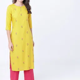 Vishudh Women Mustard Embroidered Kurta with Palazzos-image-3