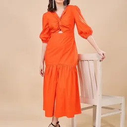 MODA-Q Puff Sleeve A-Line Midi Dress-image-83