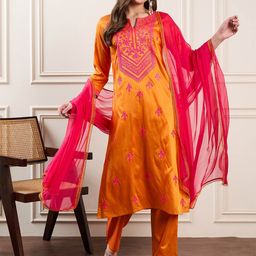 House of Pataudi Floral Embroidered Notch-Neck Straight Kurta With Trousers And Dupatta-picture-34