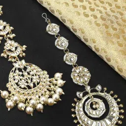 Oomph Gold Tone Kundan & Pearls Lotus Design Large Wedding Maang Tikka - Set of 2-image-17