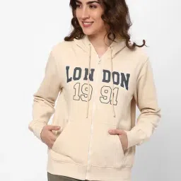 R&B Beige Cotton Graphic Print Hooded Jacket image 3