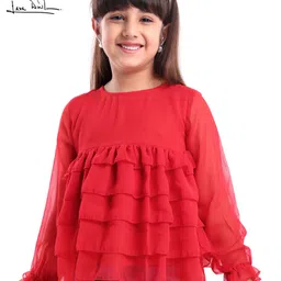 arias by lara dutta Arias Georgette Woven Full Sleeves Layered Ruffle Tops With Lining - Red-picture-26