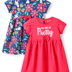 Babyhug Single Jersey Knit Half SleevesFloral & Text Printed Frocks with Bow Applique Pack of 2 - Navy Blue & Red image 1