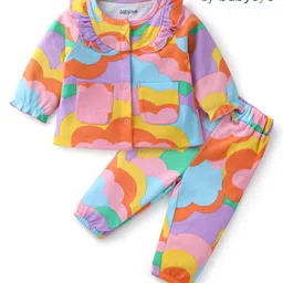 Babyoye 100% Cotton Knit Eco Conscious Full Sleeves Printed Night Suit with Frill Detailing - Pink Orange & Yellow-picture-16