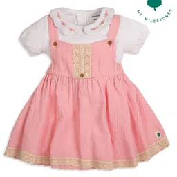 My Milestones 100% Cotton Lace Embellished Dungaree Dress With Half Puffed Sleeves Floral Embroidered Top - White & Pink-picture-27