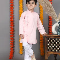 Polka Tots Cotton Woven Full Sleeves Solid Kurta & Pyjama Set - Peach-picture-21