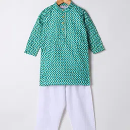 M'andy Cotton Woven Full Sleeves Chevron Printed Lace Embellished & Checked Kurta Pyjama Set - Green-picture-13