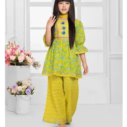 Tiny Kingdom Cotton Woven Three Fourth Bell Sleeves Floral Printed Gota Lace Embellished Kurti & Palazzo With Dupatta Set - Yellow-image-14