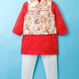 Exclusive from Jaipur Silk Woven Full Sleeves Kurta Pyjama Set With Floral Printed Nehru Jacket - Red & Off White-image-90