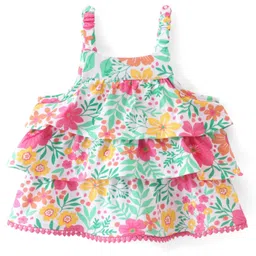 Babyhug 100% Cotton Knit Sleeveless Top with Frills Lace Detailing & Floral Print- Top image 2