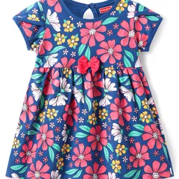 Babyhug Single Jersey Knit Half SleevesFloral & Text Printed Frocks with Bow Applique Pack of 2 - Navy Blue & Red image 2