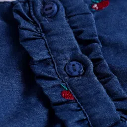 Babyhug Cotton Knit Full Sleeves Frock with Apple Embroidery - Blue image 3