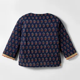 Exclusive from Jaipur Cotton Woven Full Sleeves Kurta Dhoti Set with Floral Print Booties & Cap - Navy Blue & Rust Orange image 3