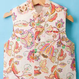 Exclusive from Jaipur Silk Woven Full Sleeves Kurta Pyjama Set With Floral Printed Nehru Jacket - Red & Off White image 4