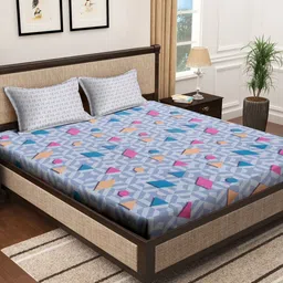 Myntra Elegant Homes Blue & Pink Geometric 300 TC King Bedsheet Set 2.50 m x 2.20m-image-49