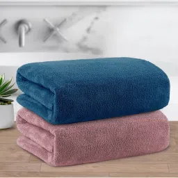 Story@Home 400 GSM Microfiber Bath Towel, Navy Blue & Peach, Solid (Pack of 2)-image-57