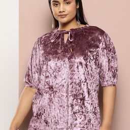 Sztori Plus Size Solid Tie-Up Neck Puff Sleeve Velvet Top-picture-24