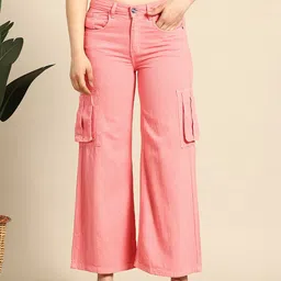 Mast & Harbour Women Pure Cotton High-Rise Cargo Style Wide Leg Jeans-image-97