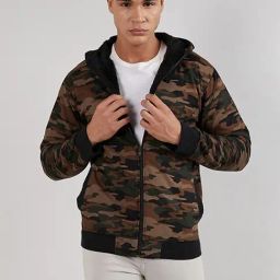 Campus Sutra Green Cotton Regular Fit Camouflage Hooded Jacket-picture-12