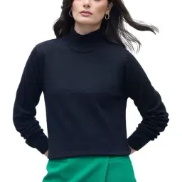 ELLE Women Deep Blue Cotton Solid High Rib Neck Sweater-picture-12