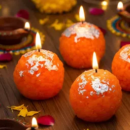 Tiny Shiny 4 Pieces Orange Textured Laddu Candles image 4
