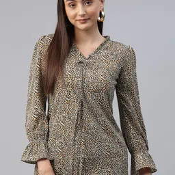 Cottinfab Animal Print Bell Sleeves Crepe Longline Top-picture-39