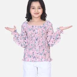Lilpicks Couture Full Sleeves Floral Print Smocking Detailing Top - Pink-picture-36