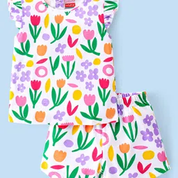 Babyhug Cotton Knit Single Jersey Frill Sleeves Night Suit With Floral Print - White-picture-15