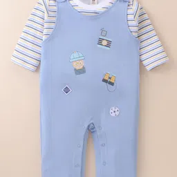 ToffyHouse Cotton Knit Full Sleeves Dungaree Style Romper with Striped T-Shirt & Camera Print - Light Blue-picture-37