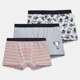 Plan B Cotton Elastane Pack Of 3 Striped & Stars Printed Trunks - Grey & Orange-picture-15