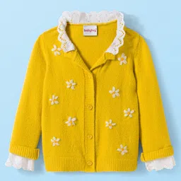 Babyhug Knit Full Sleeves Front Open Sweater with Floral Embroidery & Schiffli Detailing - Yellow image 1