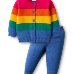 Babyhug Knit Full Sleeves Front Open Sweater Set with Stripes - Multicolor-picture-13