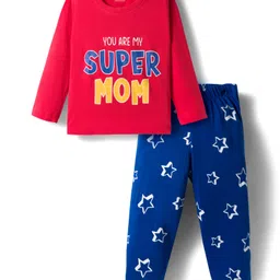 Babyhug Cotton Knit Full Sleeves Night Suit With Super Mom Text Print - Red & Blue-picture-26
