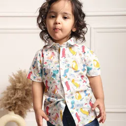 Polka Tots Cotton Woven Full Sleeves Dinosaur Printed Shirt - White & Multi Colour image 1