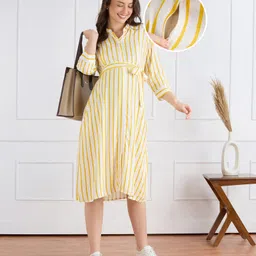 Bella Mama Woven Three Fourth Sleeves Maternity Shirt Dress With Stripes - Yellow & White-picture-21