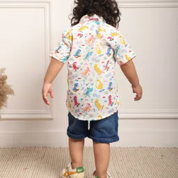 Polka Tots Cotton Woven Full Sleeves Dinosaur Printed Shirt - White & Multi Colour image 3