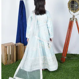Fashion Totz Woven Full Sleeves Floral Applique Detailed Mirror Work & Sequins Embellished Anarkali With Dupatta - Sky Blue image 3