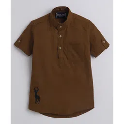 Polka Tots Regular Fit Half Sleeves Reindeer Embroidered Kurta Style Shirt - Brown image 4