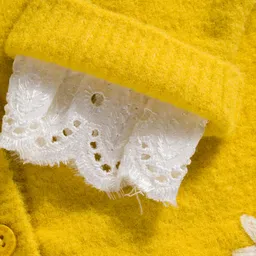 Babyhug Knit Full Sleeves Front Open Sweater with Floral Embroidery & Schiffli Detailing - Yellow image 3