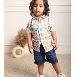 Polka Tots Cotton Woven Full Sleeves Dinosaur Printed Shirt - White & Multi Colour image 4