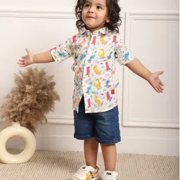 Polka Tots Cotton Woven Full Sleeves Dinosaur Printed Shirt - White & Multi Colour image 5