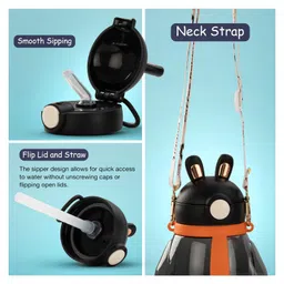 Baybee Lovely Bunnies Kids Water Bottle 600ml | BPA Free & Leakproof Safe Sipper Bottle with Straw | Cute Rabbit Design Smooth Sipping with Handle & Neck Strap,Flip Lid for School Kids & Babys (Black) image 4