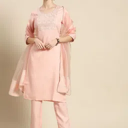Anouk Women Peach-Coloured Ethnic Motifs Thread Work Kurta with Trousers & With Dupatta image 2