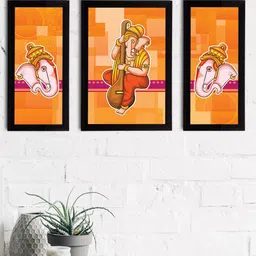 eCraftIndia Set of 3 Orange & Beige Lord Ganesha Satin Matt Textured UV Wall Arts image 2