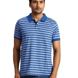 Parx Blue Cotton Regular Fit Striped Polo T-Shirt-picture-12