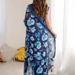 KALINI Blue Printed Poly Georgette Sarees image 3