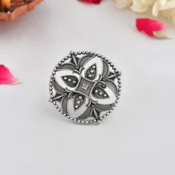 Voylla Women Silver-Plated Oxidised Cutwork Design Statement Finger Ring-picture-55