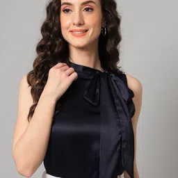 PURYS Women Navy Blue Tie-Up Neck Satin Top-picture-20